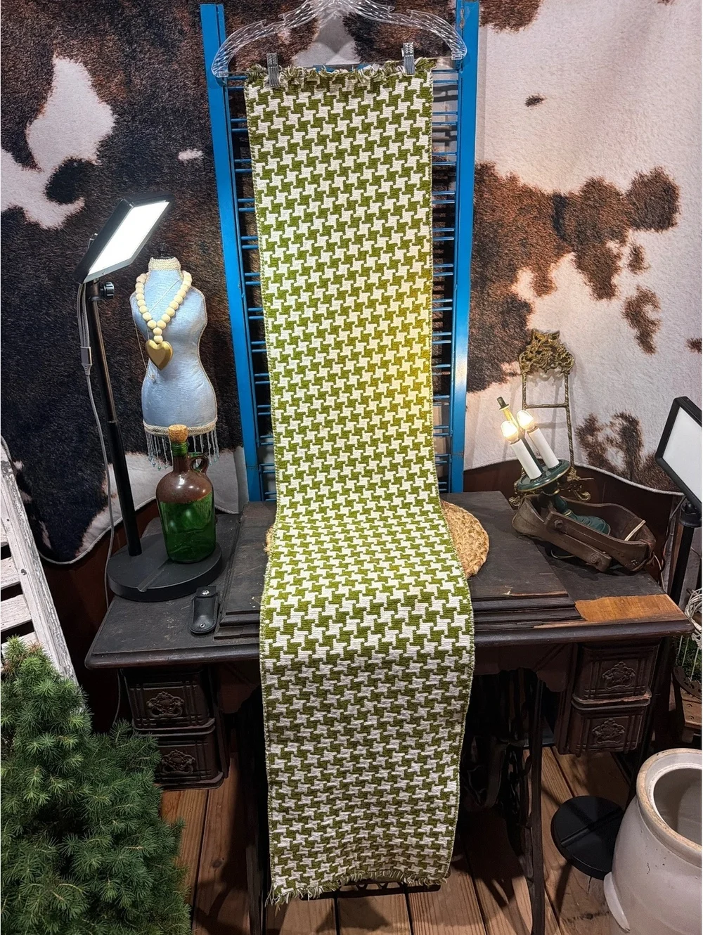 Vintage Olive Green and Cream Houndstooth Table Runner